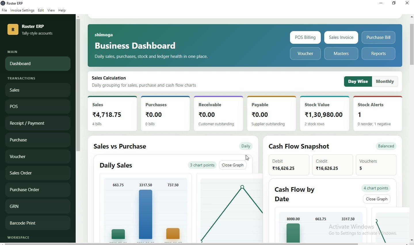 Roster GST billing software invoicing screen